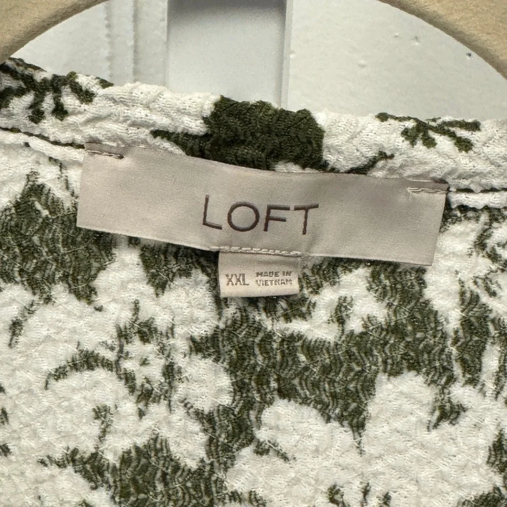 LOFT Olive Green White Floral Textured Tie Front Puff Sleeve Blouse XXL Boxy